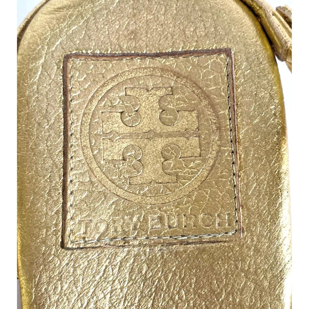 TORY BURCH Gold Emmy Wedge Sandals Metallic Leather Sz 10 Logo Ankle Strap